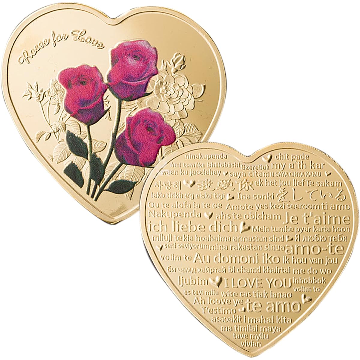 Strugglejewelry Heart Rose Valentine's Day Challenge Coin 52 Languages I Love You Medal (Gold)