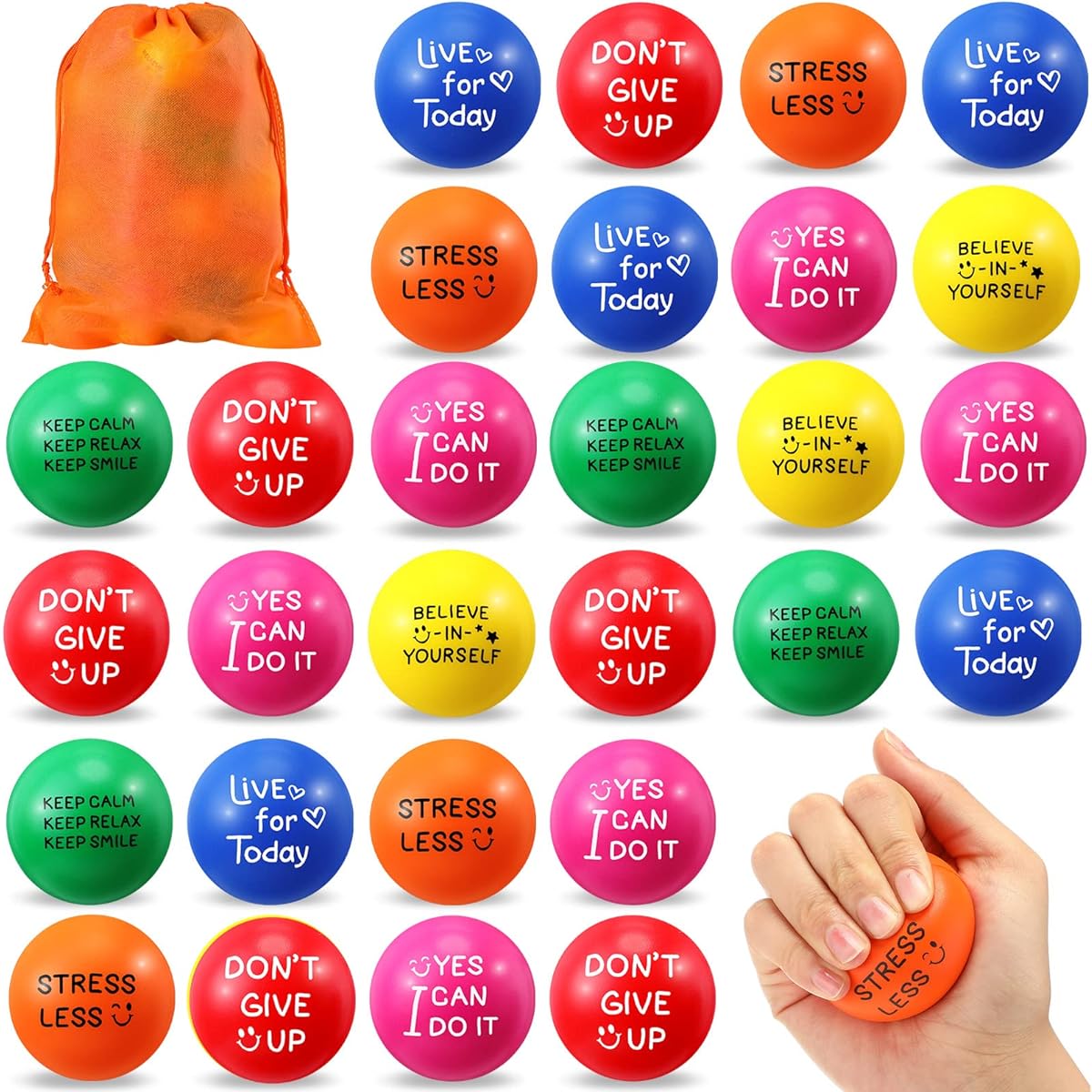 Motivational Stress Balls, 48 Pieces Stress Relief Balls with Quotes, Colorful Foam Balls, Inspirational Small Balls, Hand Exercise Toys, Storage Bag for Kids Adults, Relax, Motivate, Encourage Yourself