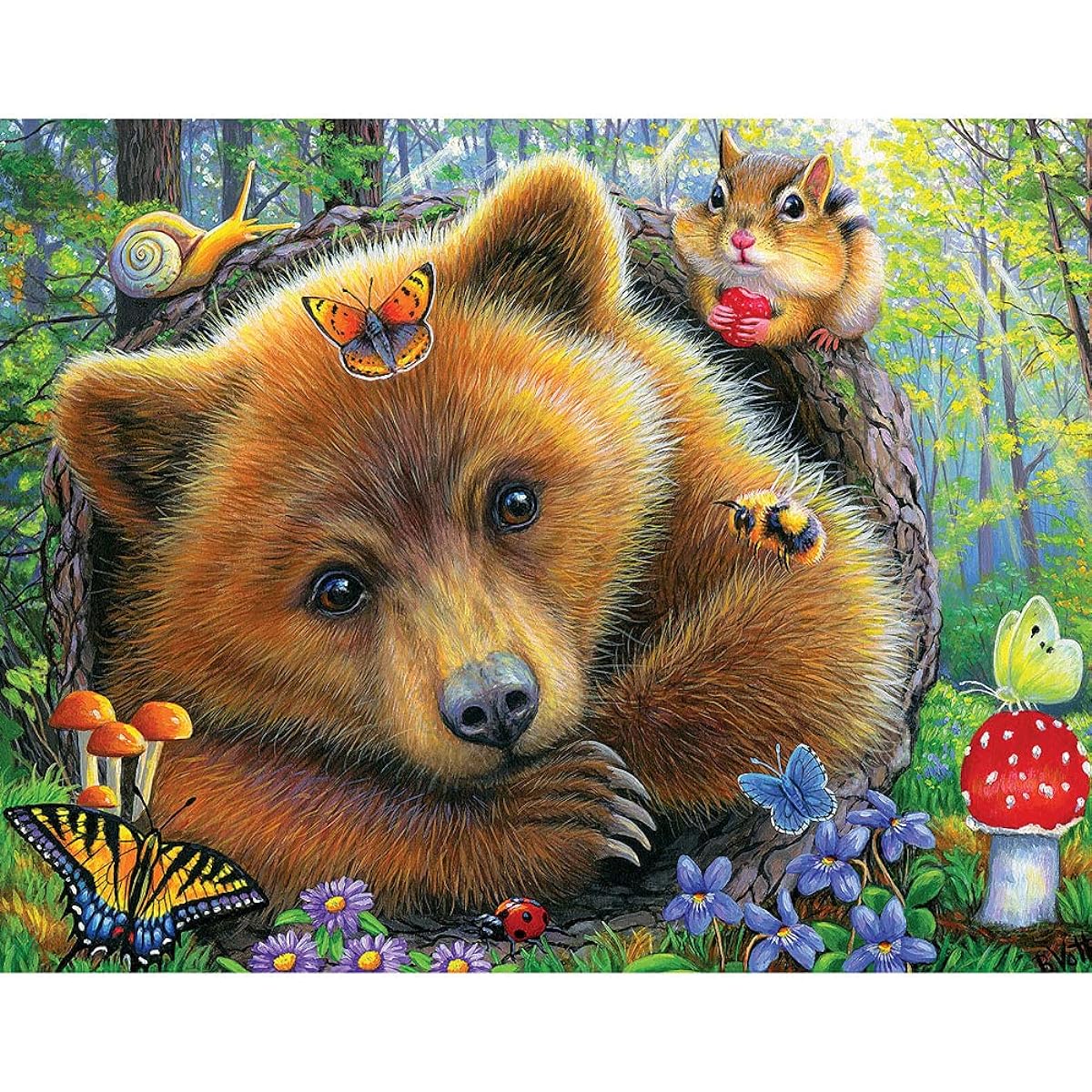 Bits and Pieces - 200 Piece Large Piece Family Jigsaw Puzzle for Adults & Children - 15" x 19" - Little Bear's Morning - 200 Piece Grizzly Forest Beetle Nature Flower Cute Jigsaw Puzzle Carla Daly