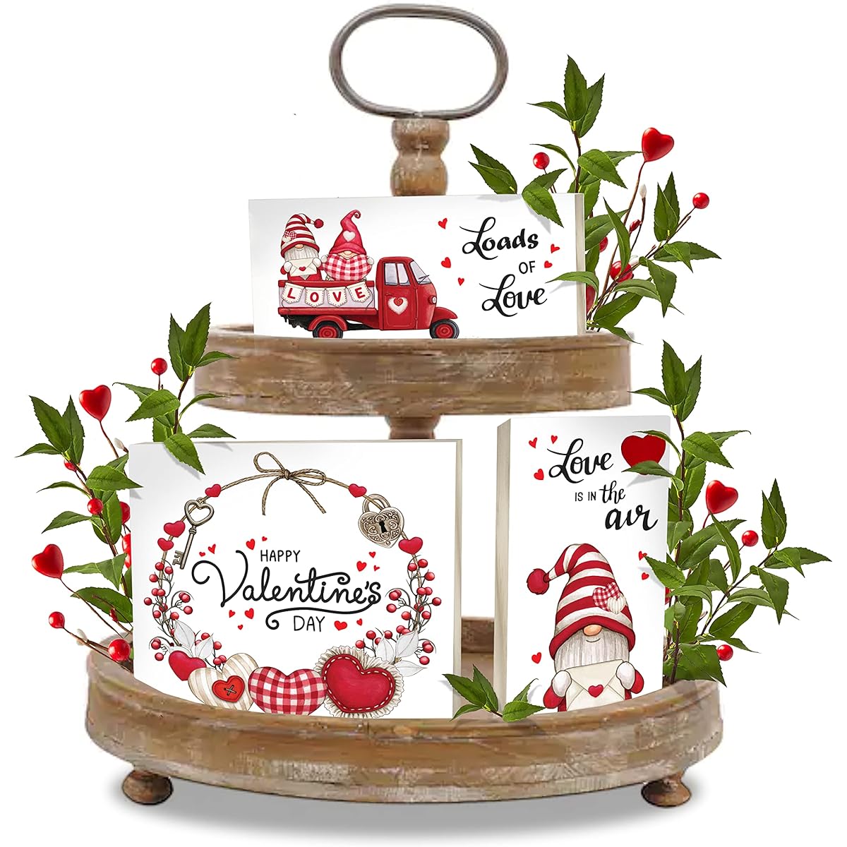 Tiered Tray Christmas Decoration Set 3 Piece Farmhouse Seasonal and Holiday Decor Easter Valentine Bundle Indoor Centerpieces for Home & Kitchen Red Truck Snowman (Valentine's Day)