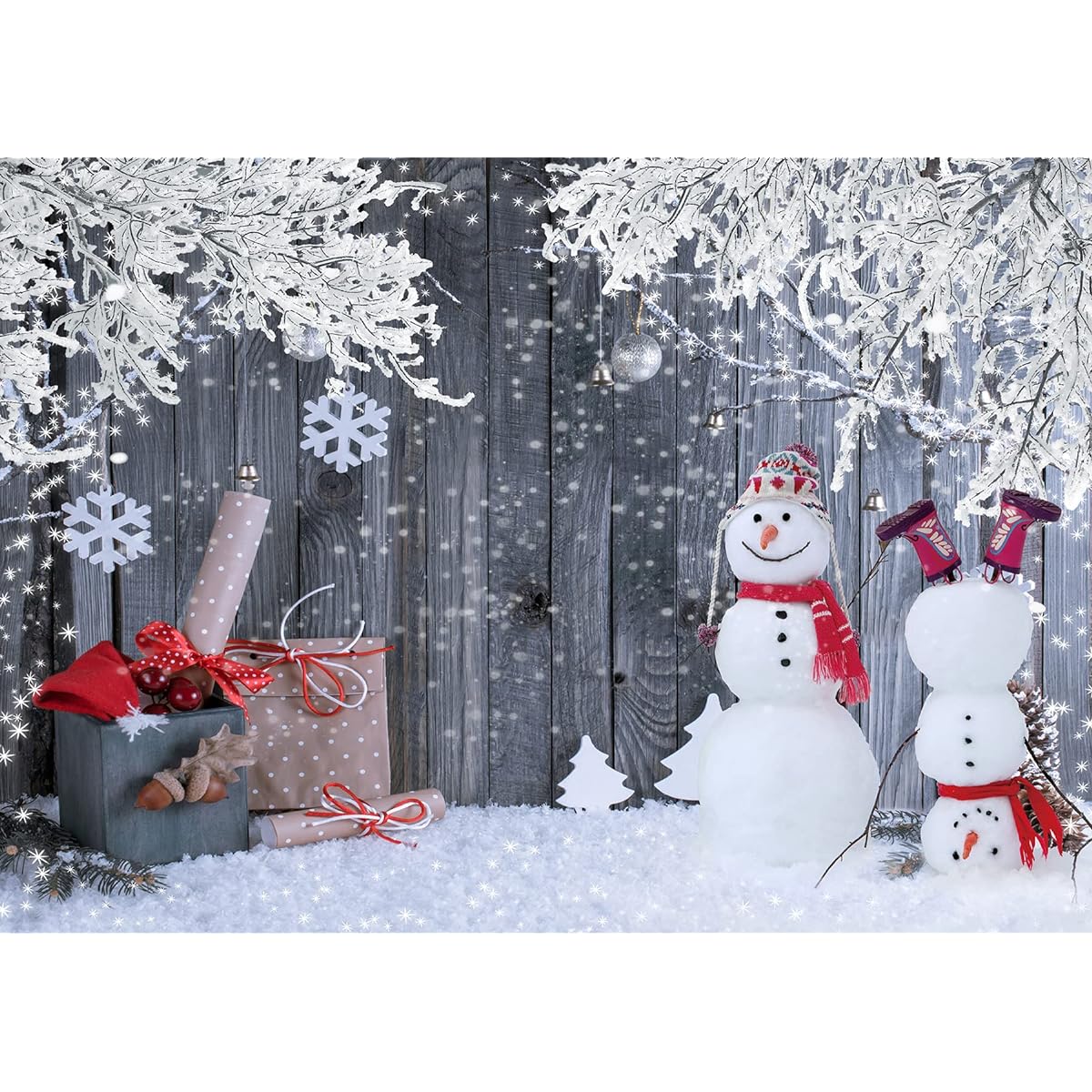 LTLYH 8x6ft Christmas Photography Backdrop Christmas Winter Snowman Santa Gifts Wood Decoration Background Christmas Eve Holiday Party Banner Decorations Background 194