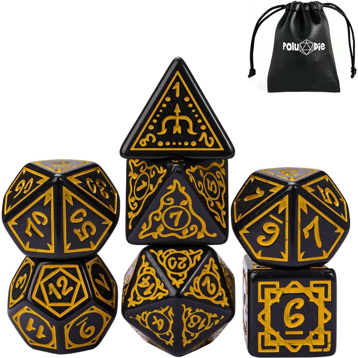 Poludie DND Dice Set -D&D Polyhedral Dice (7pcs) Druid Dice with Leather Dice Bag for Dungeons & Dragons Roleplaying Dice Game RPG (Druid - Black Yellow)