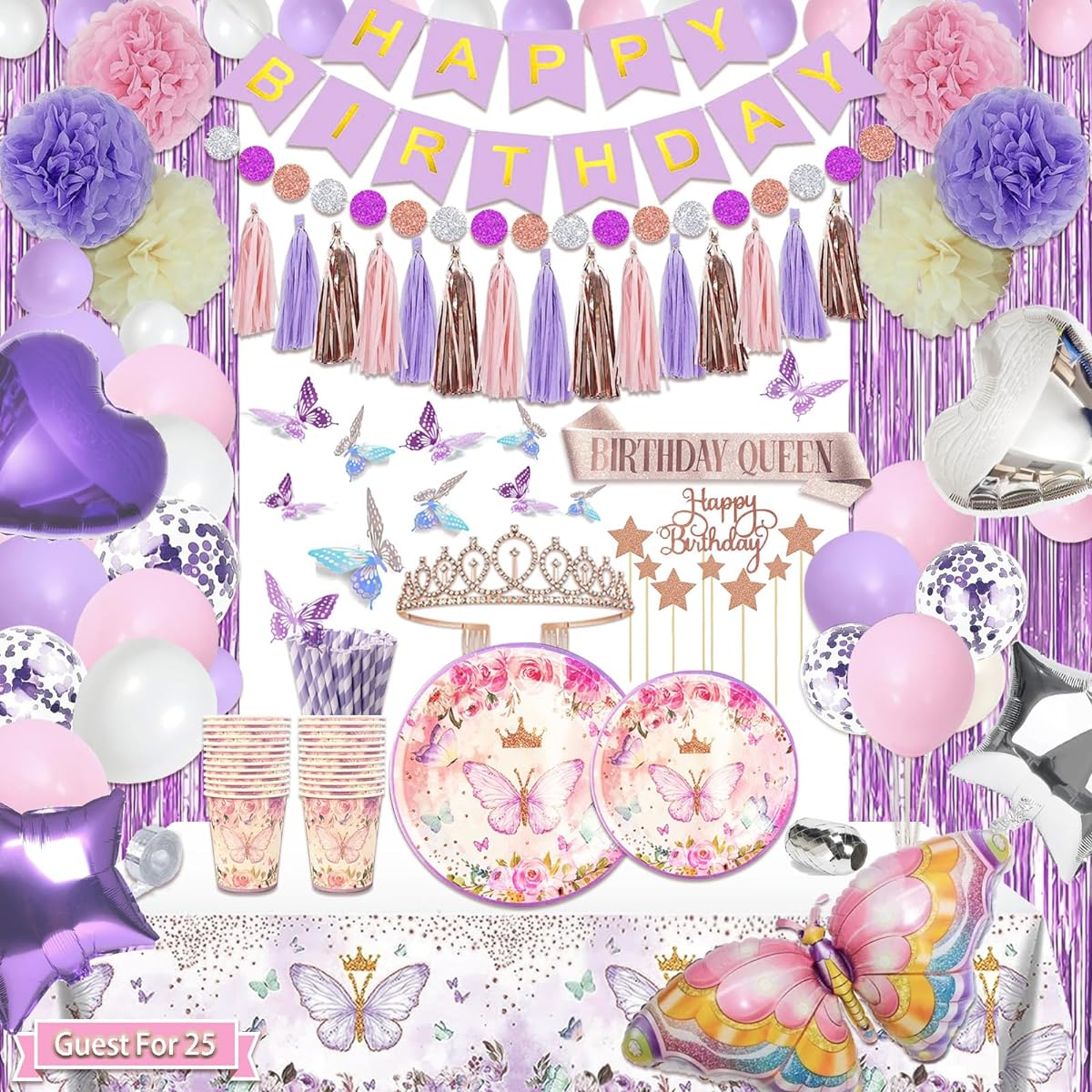 Guudmua 222pcs Butterfly Birthday Decorations Purple and Pink Girl's Birthday Decorations Kit - Includes Disposable Tableware Set, 25 Guests, Balloons, Sash, Tiara, Banner, Butterfly Decor