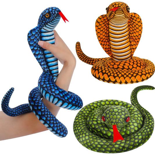 3 Pack Cobra Snake Stuffed Animals, Long Snake Plush Toys, Realistic Snake Toys with Red Tongue, Great Gifts for Teens, Halloween Party Favors, 3 Styles, 43 Inch