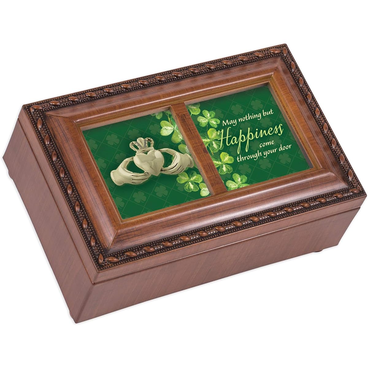 Cottage Garden Happiness Wood Grain Rope Trim Small Music Box Irish Lullaby