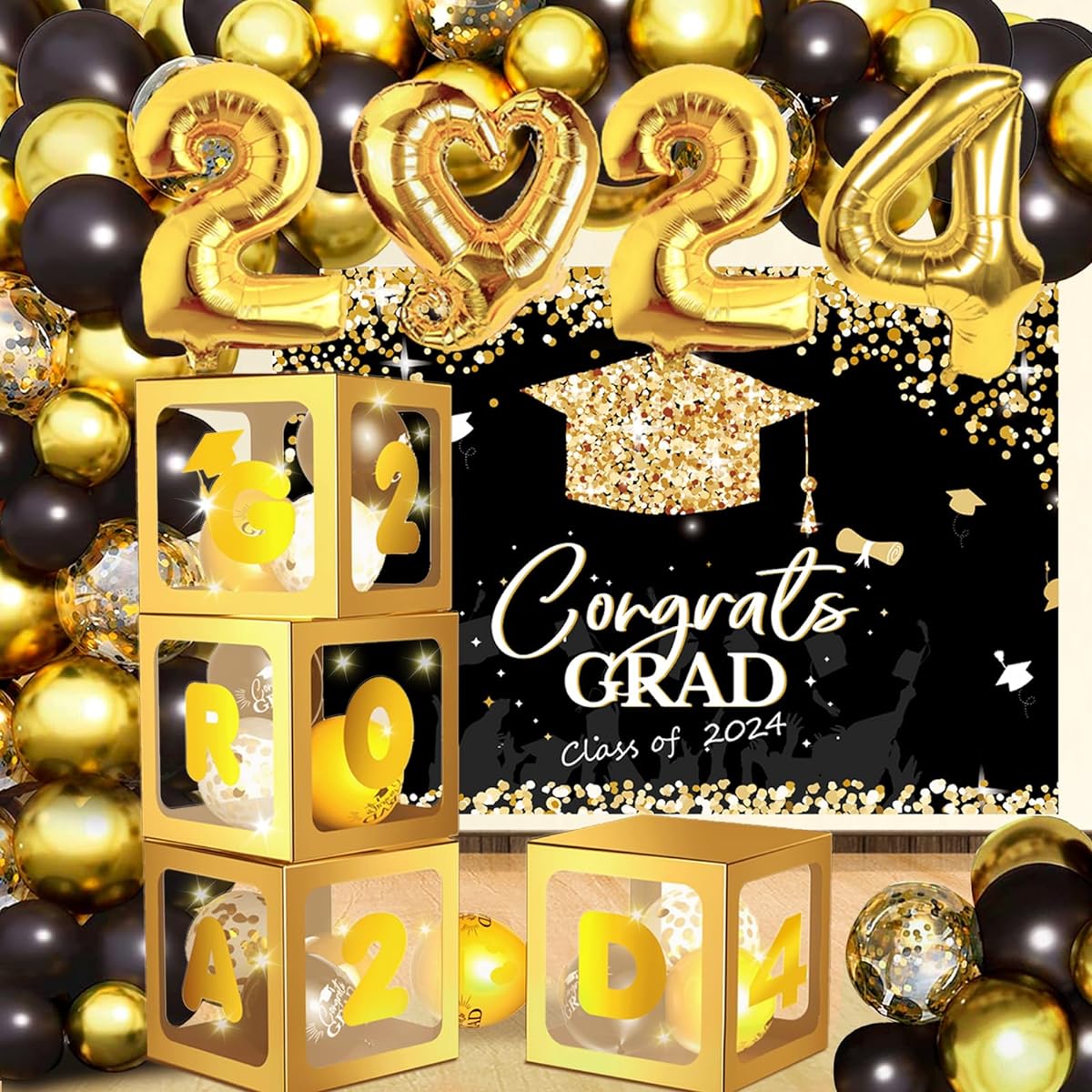 Graduation Decorations 2024 Graduation Party Decorations 2024 Gold Foil Curtain Graduation Balloon Box with Letters Balloon Garland Decoration Kit