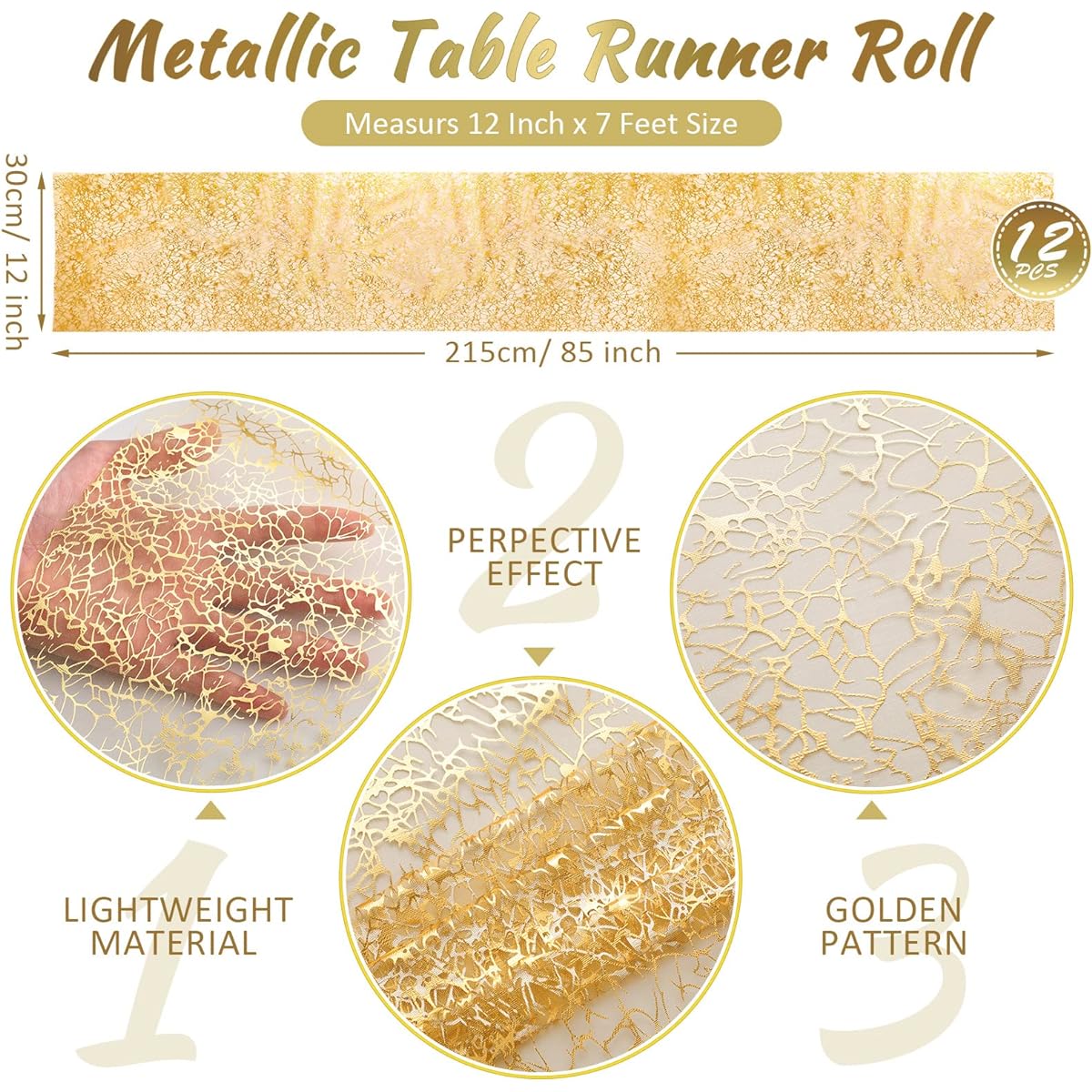 12 Pieces Gold Table Runners 12" x 7ft Table Runner Roll Sequin Glitter Table Runner Metallic Thin Mesh Gold Fabric Table Decorations for Christmas Party Wedding Shower Birthday Supplies