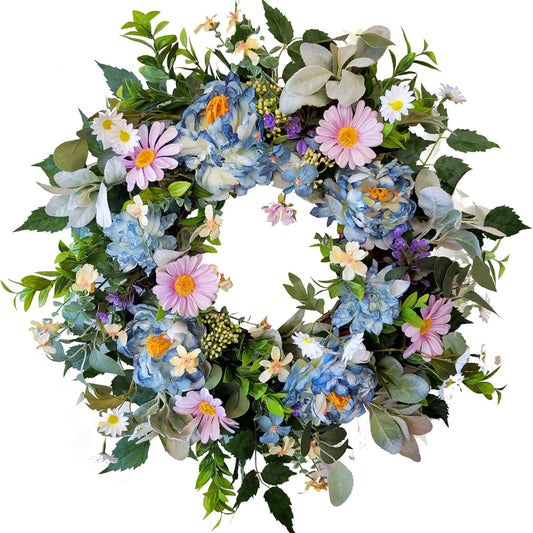 WANNA-CUL 24" Spring Wreath for Entryway Decor, Watercolor Blue Peony Floral Pink Daisy Flowers for Wedding Home Decoration