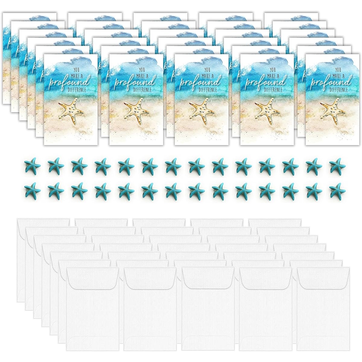 Smiling Wisdom - The Starfish Story Mini Small Keepsake Appreciation Note Cards Envelope Starfish Beads - 30 Miniature Color Folding Note Cards Gifts - Caregivers Students Teachers - Watercolor Blue Tan