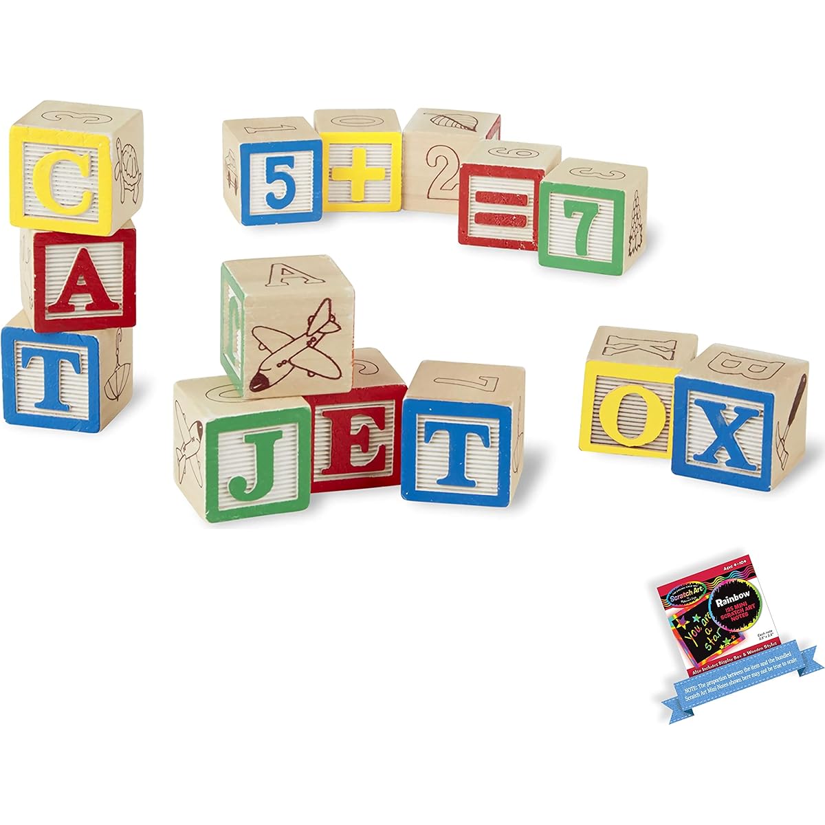 Melissa & Doug Wooden ABC & 123 Wood Block Set Bundle with 1 M&D Scratch Art Mini Pad (01900)