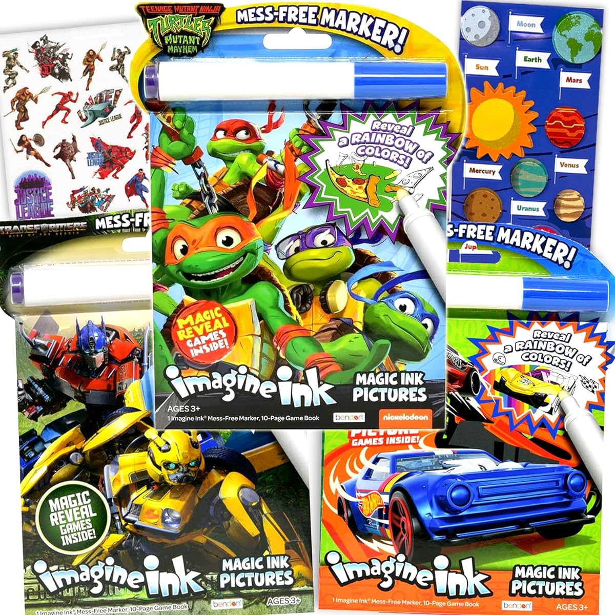 Bendon Magic Ink Coloring Set - 3 Imagine Ink Books for Boys Kids Toddlers with TMNT Ninja Turtles, Transformers, Hot Wheels Invisible Ink Pens and Stickers
