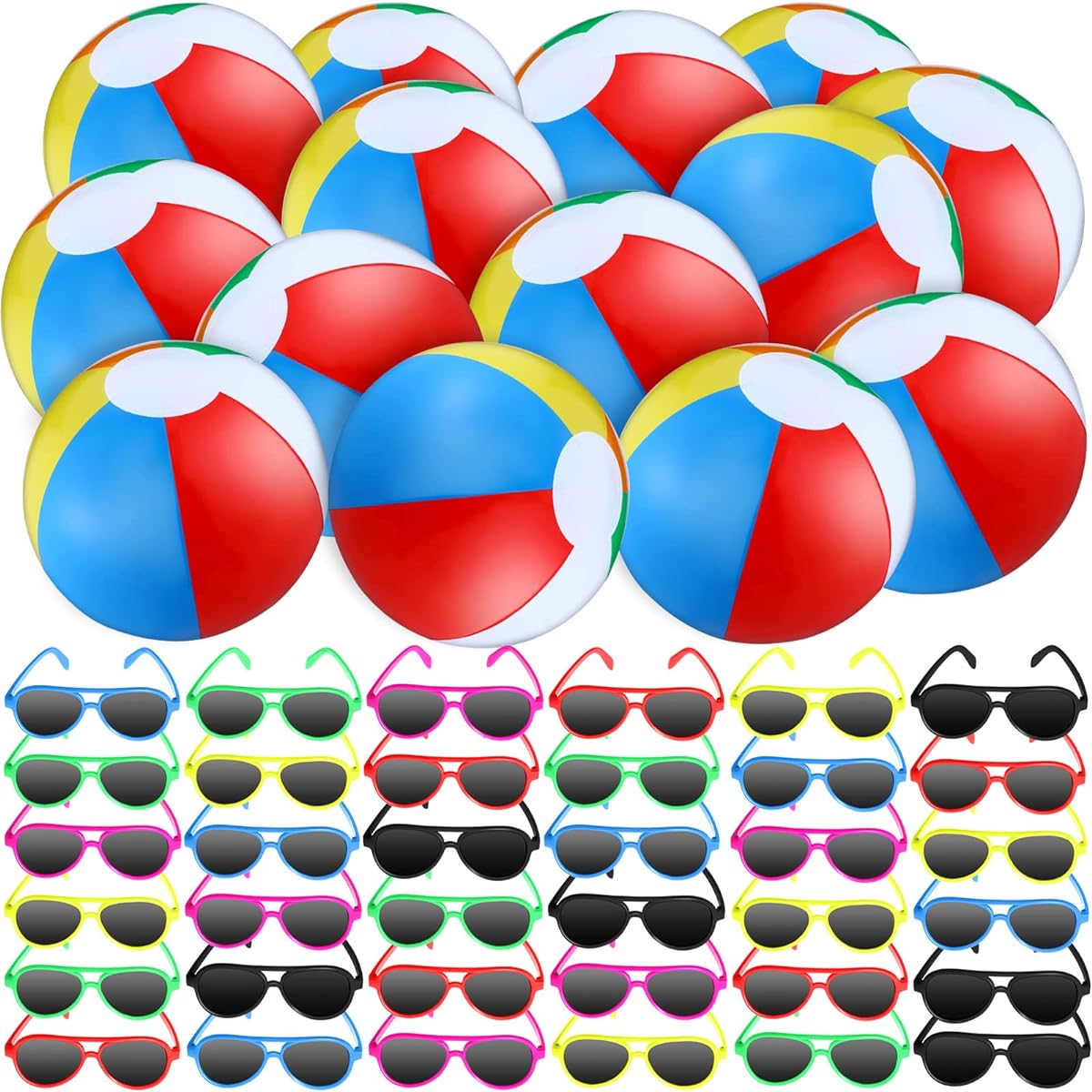 Tanlade Pool and Beach Party Favors - 36pcs 10" Inflatable Rainbow Beach Balls Bulk with 36 Sunglasses, Pool Party Supplies for Adults, Summer Birthday Pool Party Water Games Gifts, 72pcs