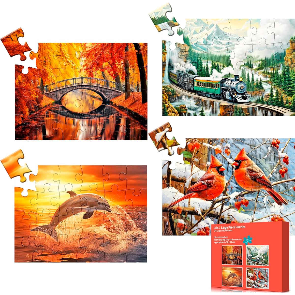 mjyphdm 4 Pack 24 Large Piece Puzzles for Seniors Alzheimer's Cognitive Jigsaw Puzzles Dementia Fun Puzzles Memory Game with 4 Storage Bags