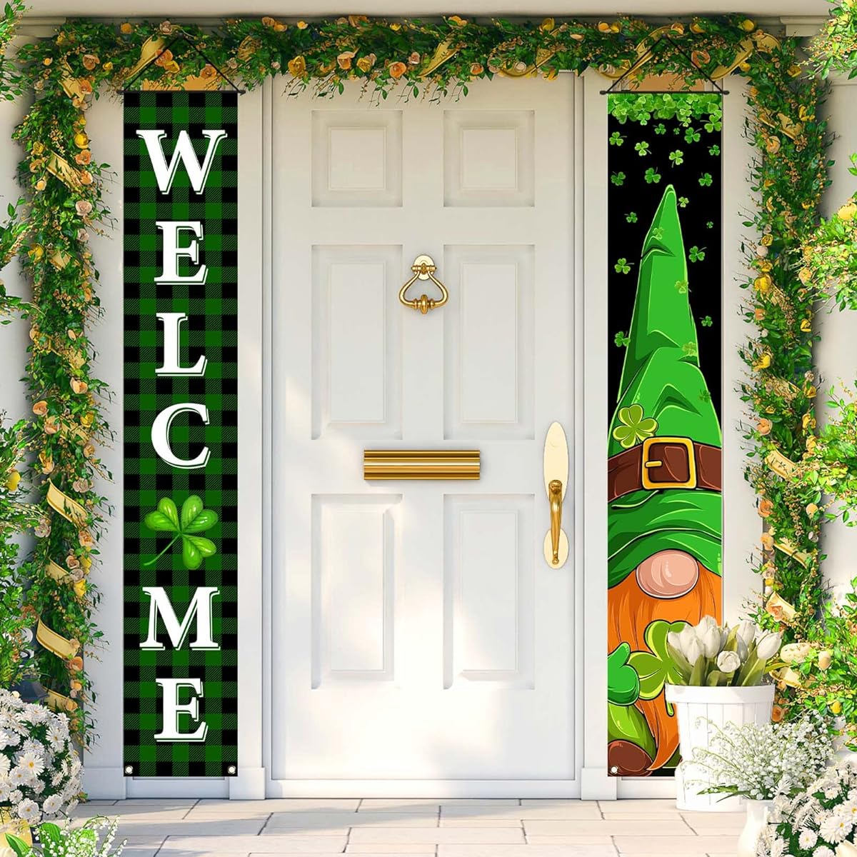 FARMNALL St. Patrick's Day Porch Banner Green Buffalo Plaid Gnome Front Door Sign Shamrock Four Leaf Lucky Clover Wall Hanging Decor and Supplies Home Office Farmhouse Holiday Decor