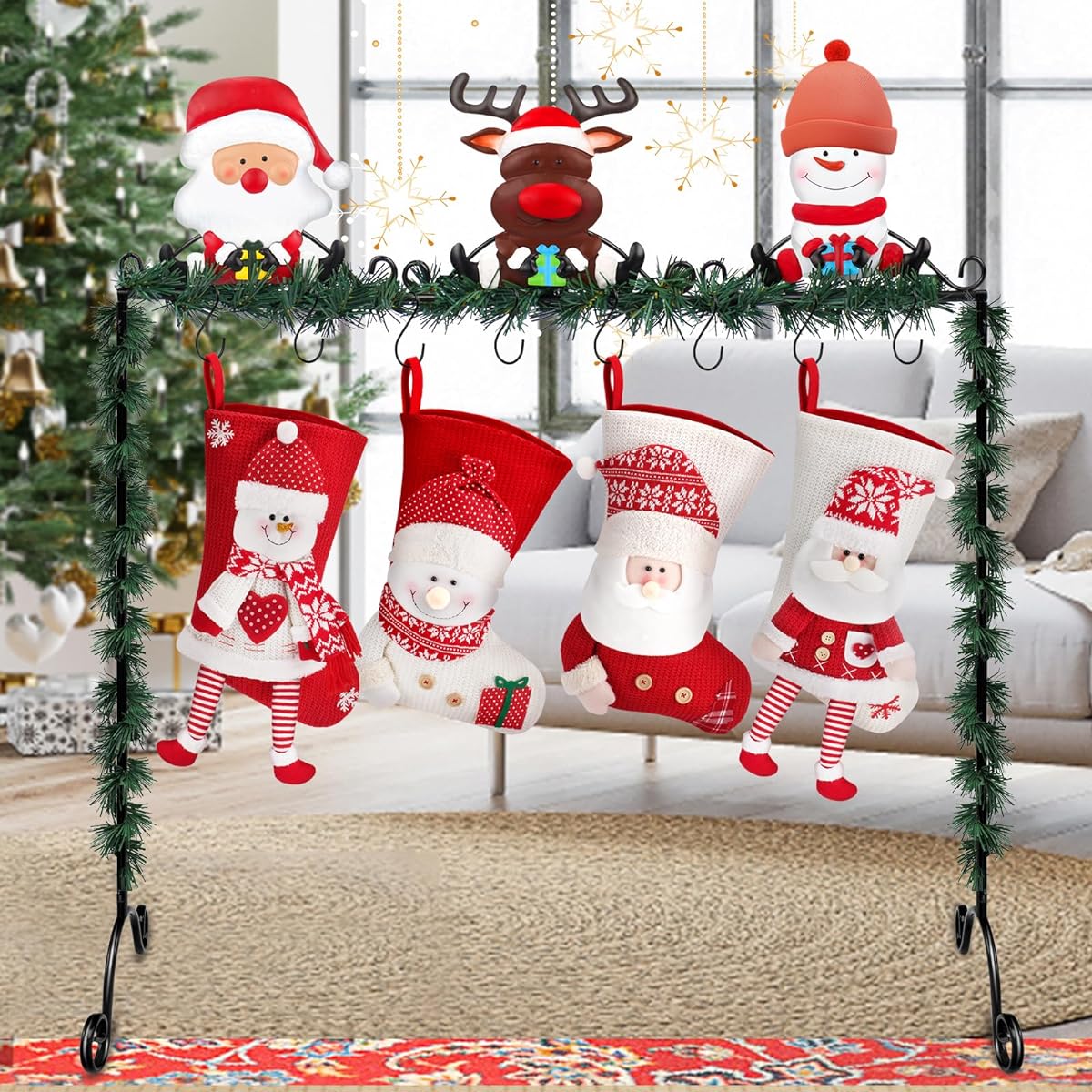 Mukum Christmas Stocking Holder Stand Hanger Floor Metal Stocking Holder Freestanding Modern Merry Christmas Stocking Holder with 8 Hooks Christmas Santa Snowman Reindeer Christmas Decoration