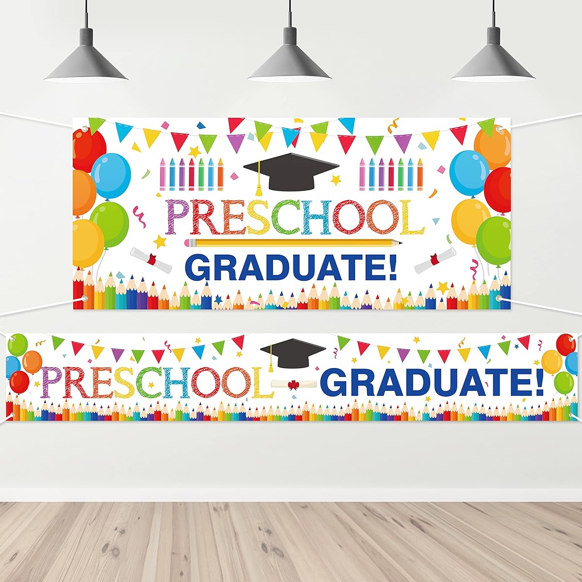 WATINC 2 Pieces Preschool Graduation Backdrop Banner for Kindergarten Congratulations on Graduation 2023 Graduation Class Decorations School Prom Celebration Graduation Party Photo Shoot Supplies Decorations for Kids