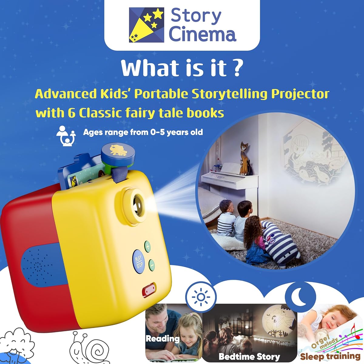 Story Cinema - Kids Storytelling Projector Interactive Read Aloud - Audiovisual Bedtime Story Player Starter Set with 6 Classic Books, 6 Story Packs, Easy to Use, Lullabies Included (Orgel Melodies)