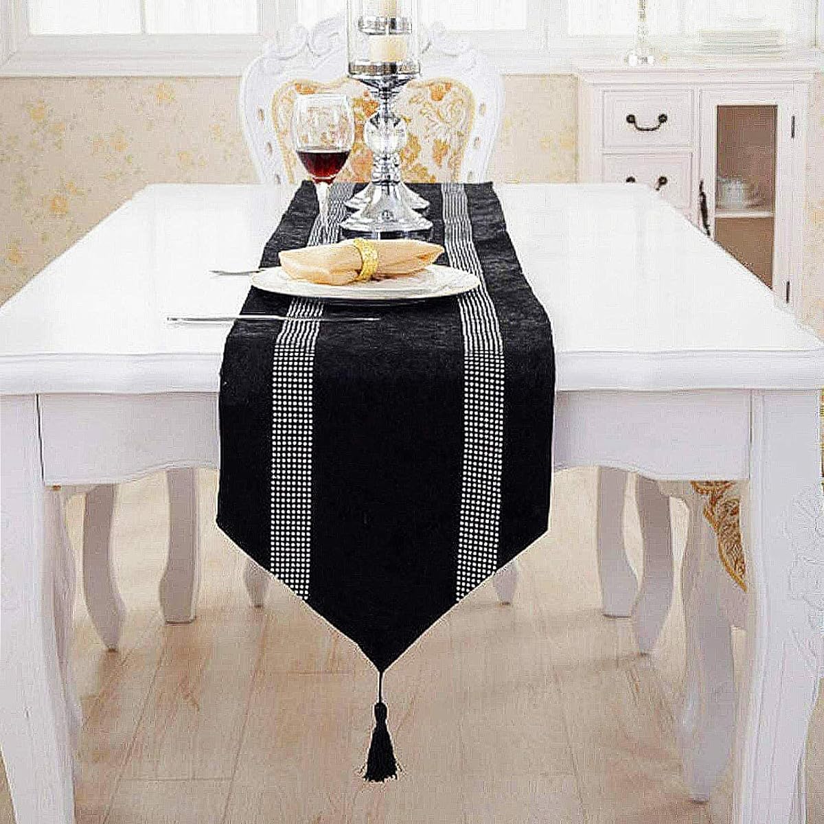 Jiino Rhinestone Table Runner with Tassel Sequin Strip Modern Simple Stylish Wedding Decoration 13x84 Inch Black