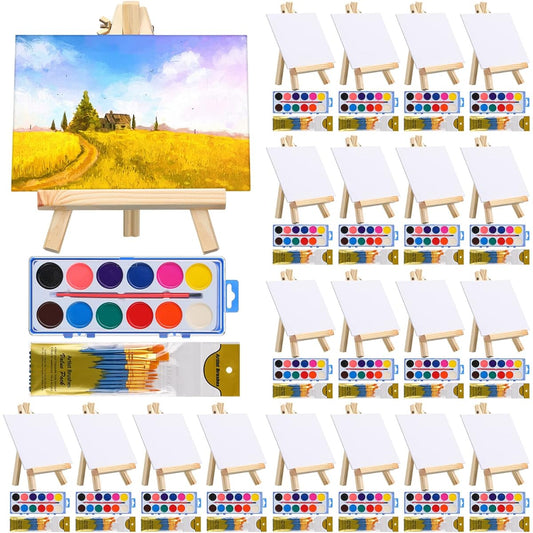 Sabary Painting Kit, Set of 20 Wooden Easels, 20 Wooden Easels, 20 5 x 7 Inch Canvases, 200 Brushes, Watercolor Painting Supplies Kit, Wooden Art Easel for Kids and Adults