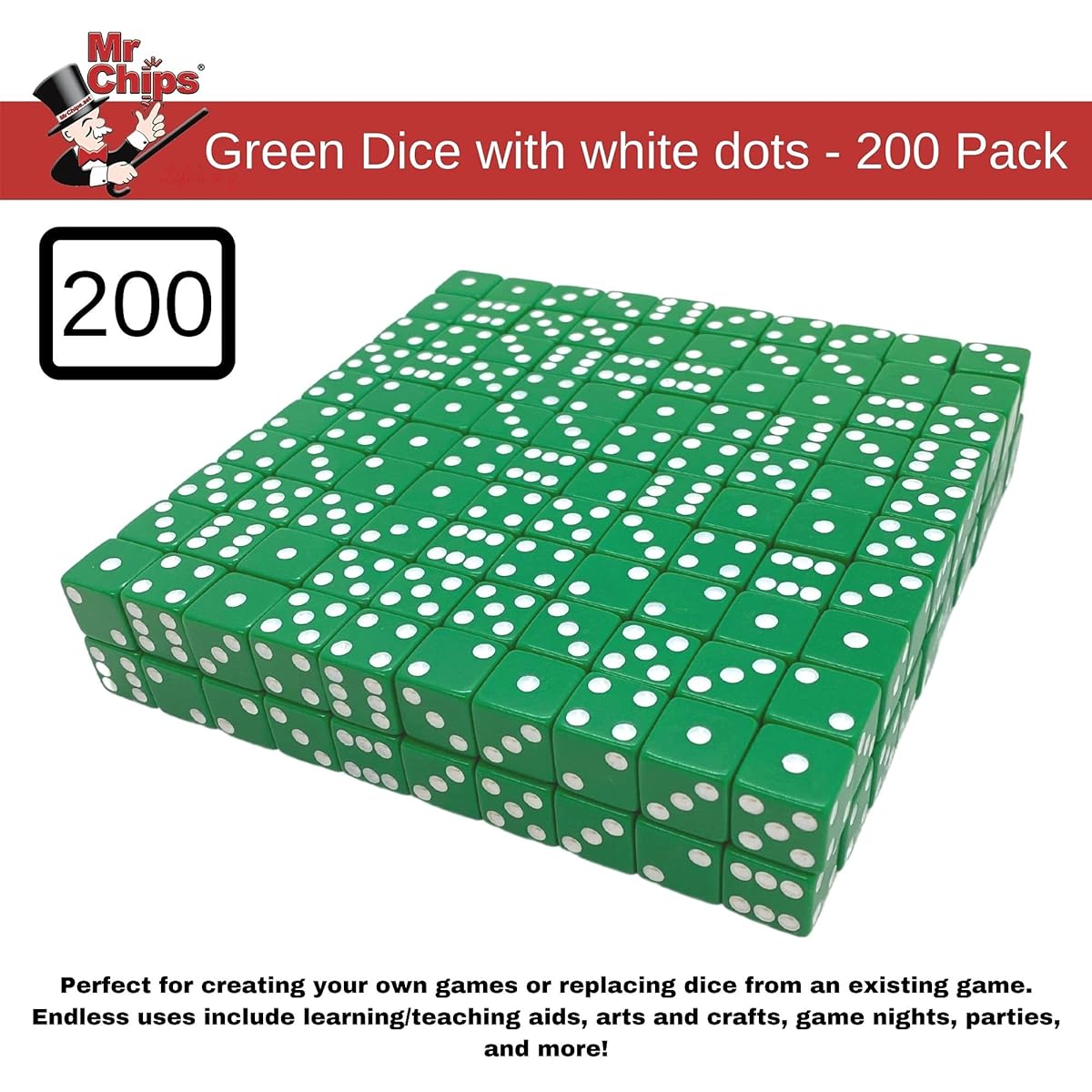 MR CHIPS D6 Standard 16mm Opaque Dice with Pip Dots, Pack of 200, Green