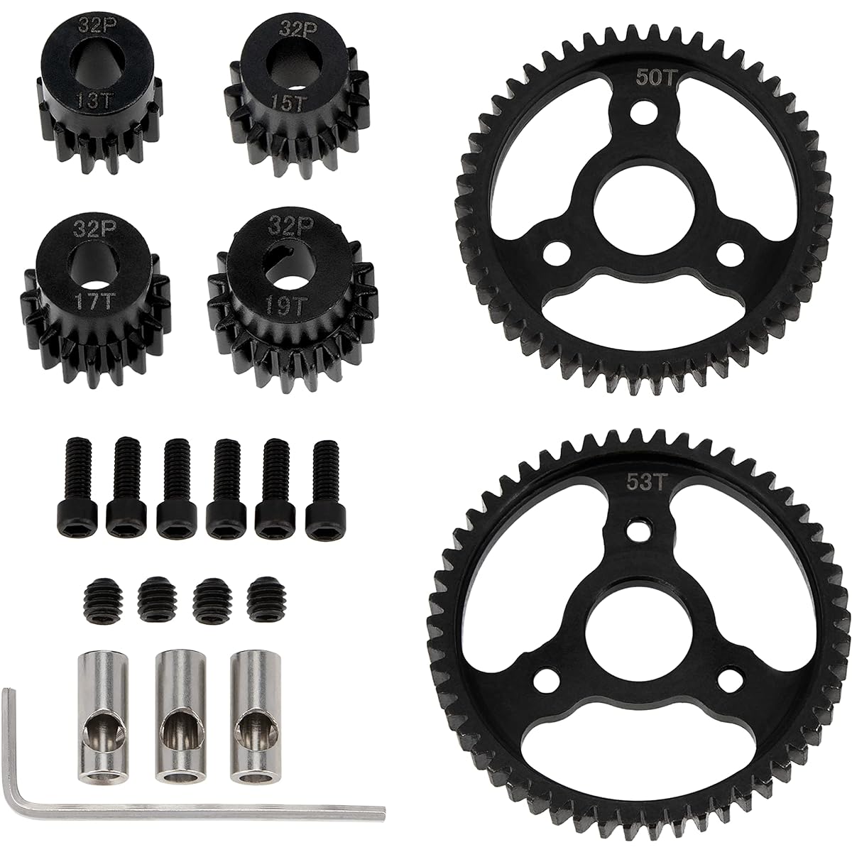 DKKY 6pcs 32P M0.8 Metal Hardened Steel Gear 53T 50T Spur Gear 13T 15T 17T 19T Pinion Gear Set TRX4 1/10 Slash 4x4/VXL/Stampede 4x4/VXL/Rustler 4X4/VXL/Summit/T-Maxx #3956