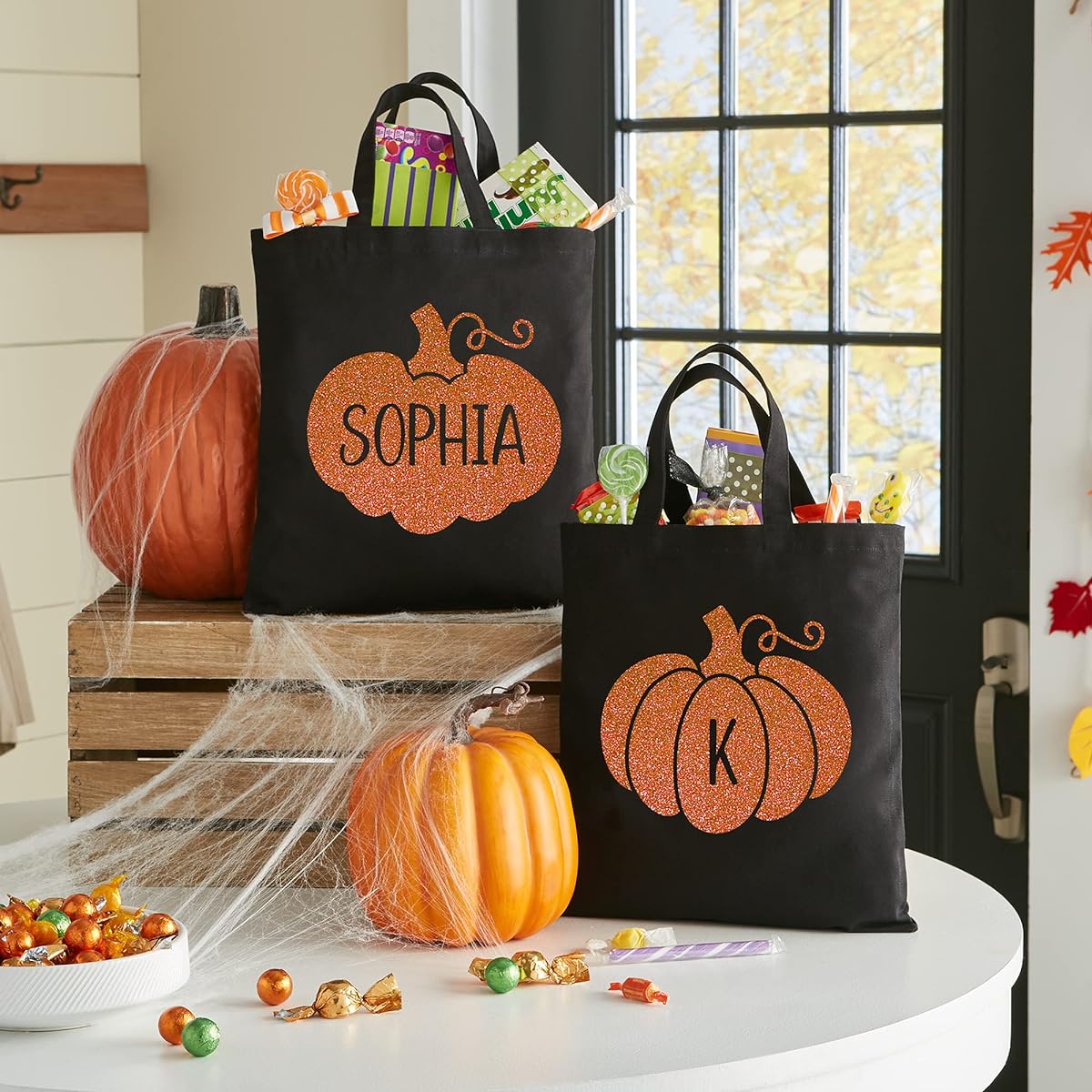 Let's Make Memories Personalized Sparkly Pumpkin Halloween Treat Bag - Trick or Treat Tote - Name or Initial