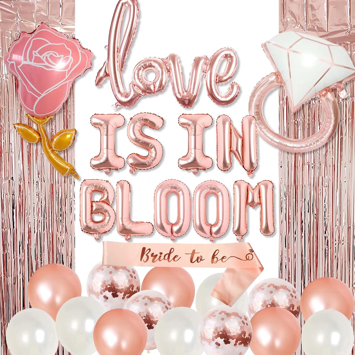 Wedding Party Decorations Rose Gold Party Supplies Love is in Bloom Banner Rose Gold Foil Rain Curtain Sash Latex Balloon Set Bridal Shower Engagement Valentine's Party Supplies Decorations