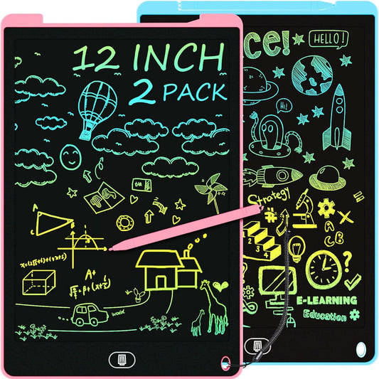2 Pack 12" LCD Writing Tablet, Airtight Colorful Doodle Board with Eye Protection, Lock & Erase Function, Birthday Gifts and Toys for 3 4 5 6 7 8 Year Old Boys and Girls - Pink & Blue