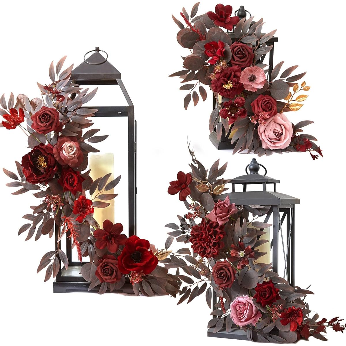TINGE TIME 6ft Artificial Flower Garland Decorations 3 Piece Set Silk Lanterns Flower Arrangements with Ribbons for Wedding Aisle Decorations Chairs Table Centerpieces Arch Decorations (Rust Red & Bean Pink)
