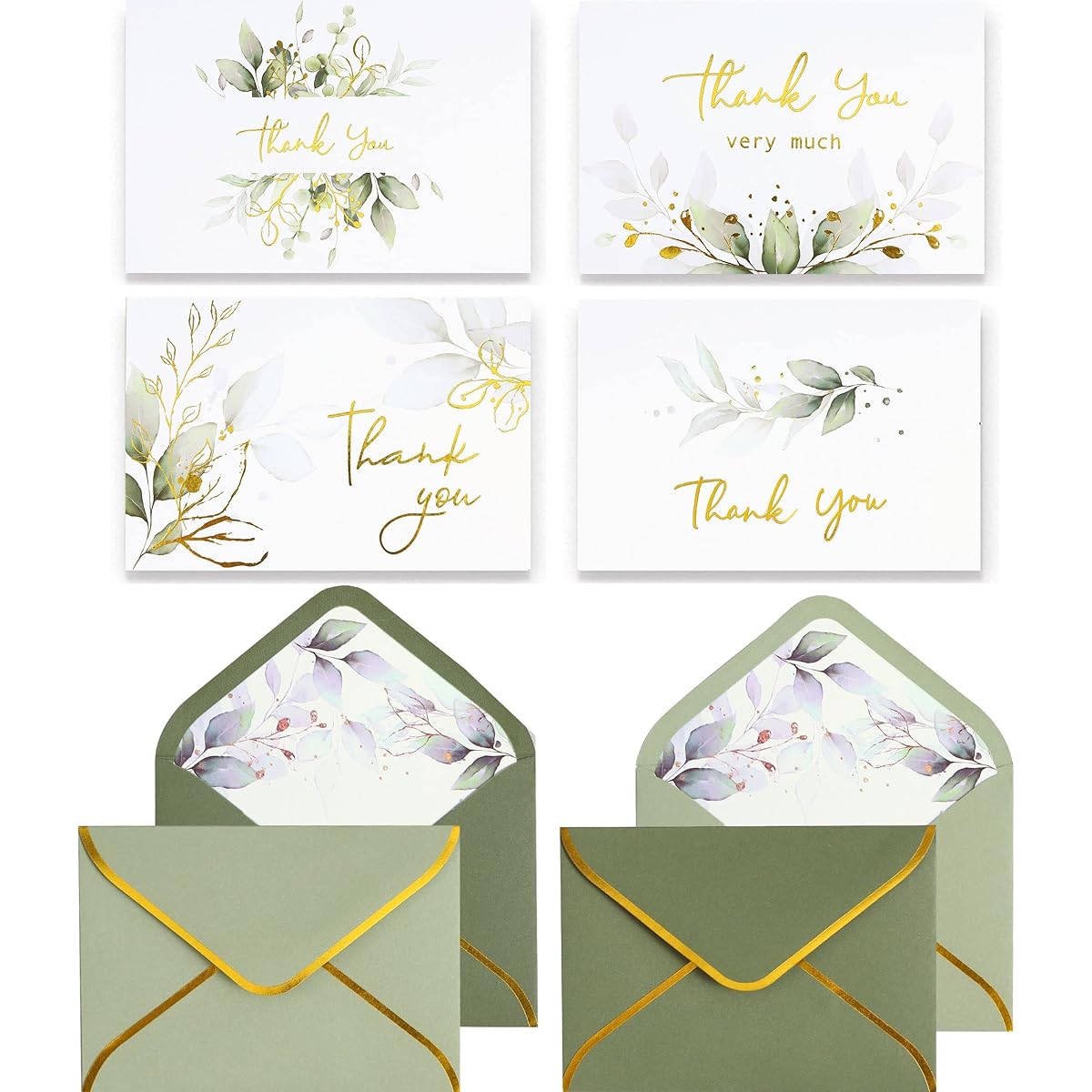 Sage Green Thank You Cards with Envelopes - Bulk Purchase of 100 - Gold and Green Wedding Thank You Cards, Baby Shower, Thank You Notes, Bridal Shower, Small Business, Birthday