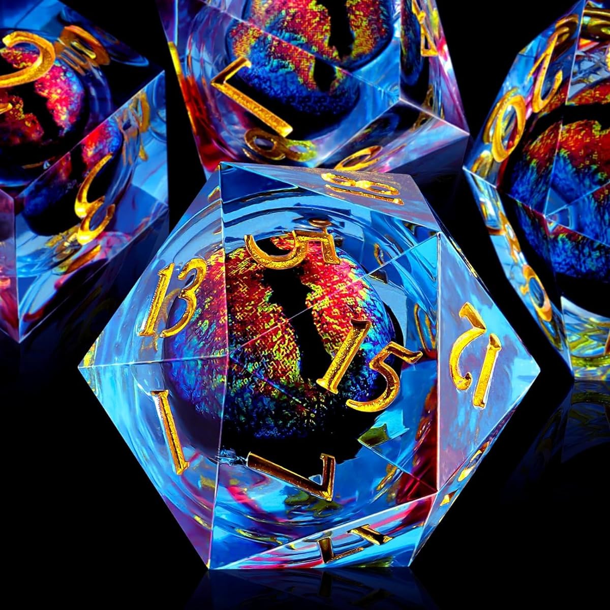 Liquid Core Dragon Eye DND Dice Resin Set - 7 Piece Polyhedral RPG Dice for Dungeons and Dragons: Emerald Green with Gold Plated Numbers