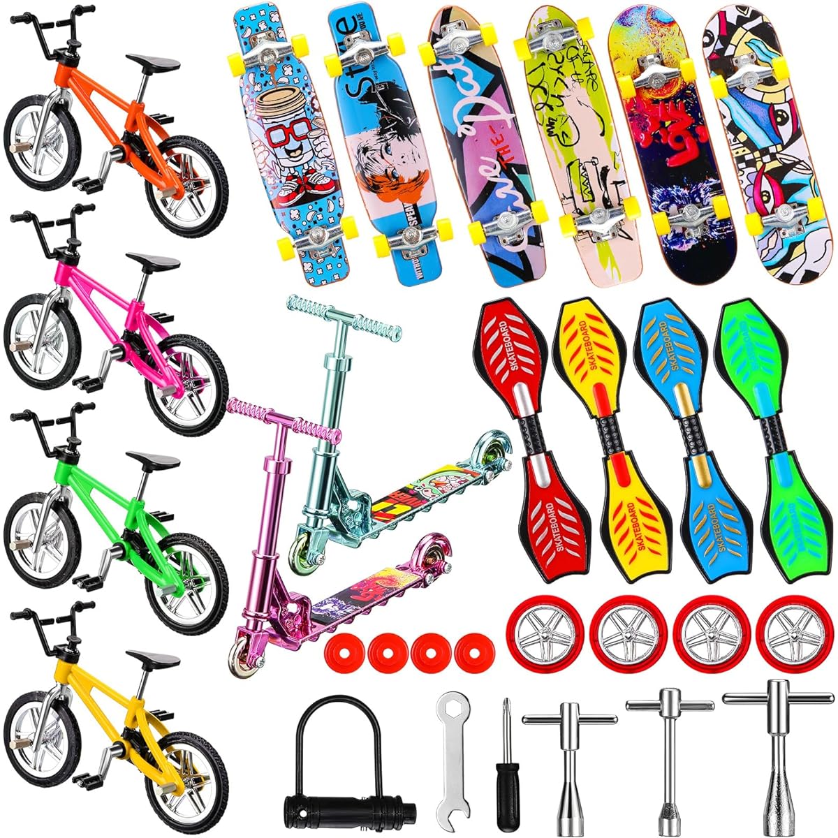 31 Pieces Mini Finger Toy Set Finger Skateboard Finger Bike Mini Scooter with Matched Wheels and Tools Accessories Educational Toys for Party Favors (Fun)