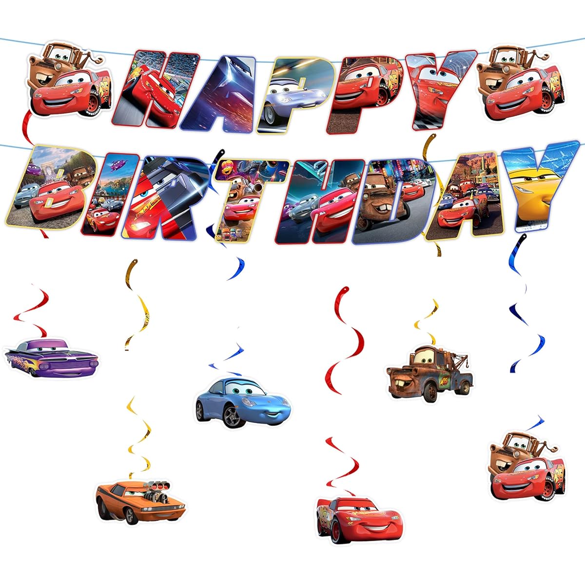 Cars Birthday Party Supplies Double Sided Print Car Party Favors Themed Banner with Hanging Swirls for Car Party Decorations