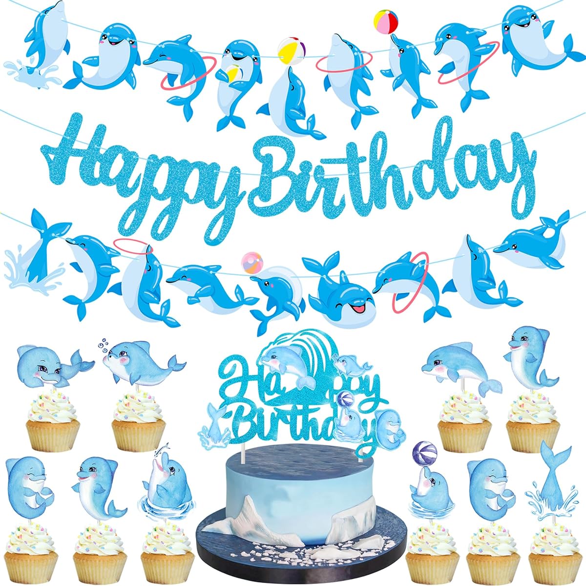Dolphin Birthday Party Supplies, Dolphin Theme Cupcake Toppers, Dolphin Happy Birthday Banner, Dolphin Cake Topper Decorations for Kids Boys Girls Undersea Theme Birthday Party Baby Shower Supplies