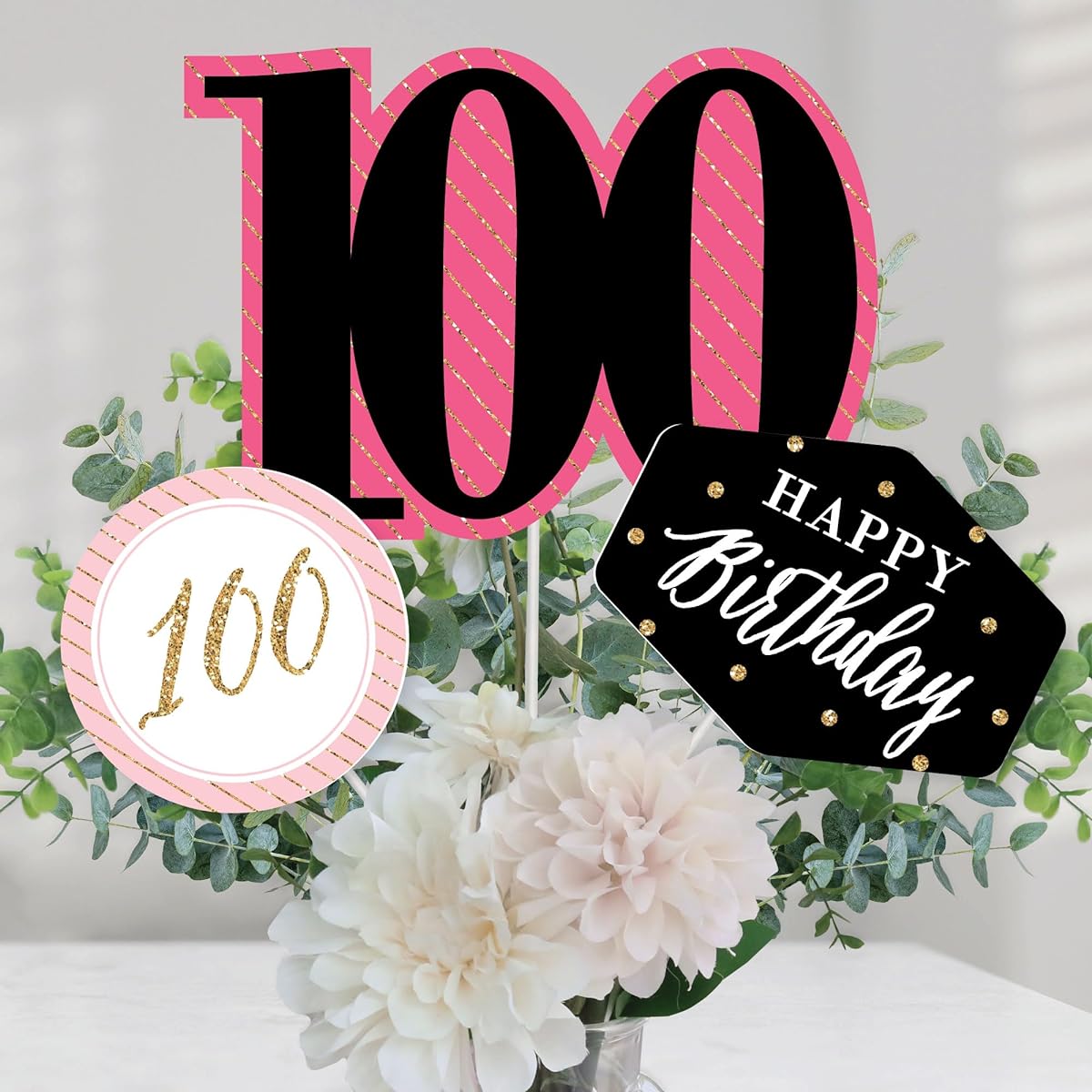 Chic 100th Birthday - Pink, Black, Gold - Birthday Party Centerpiece Sticks - Table Toppers - Set of 15