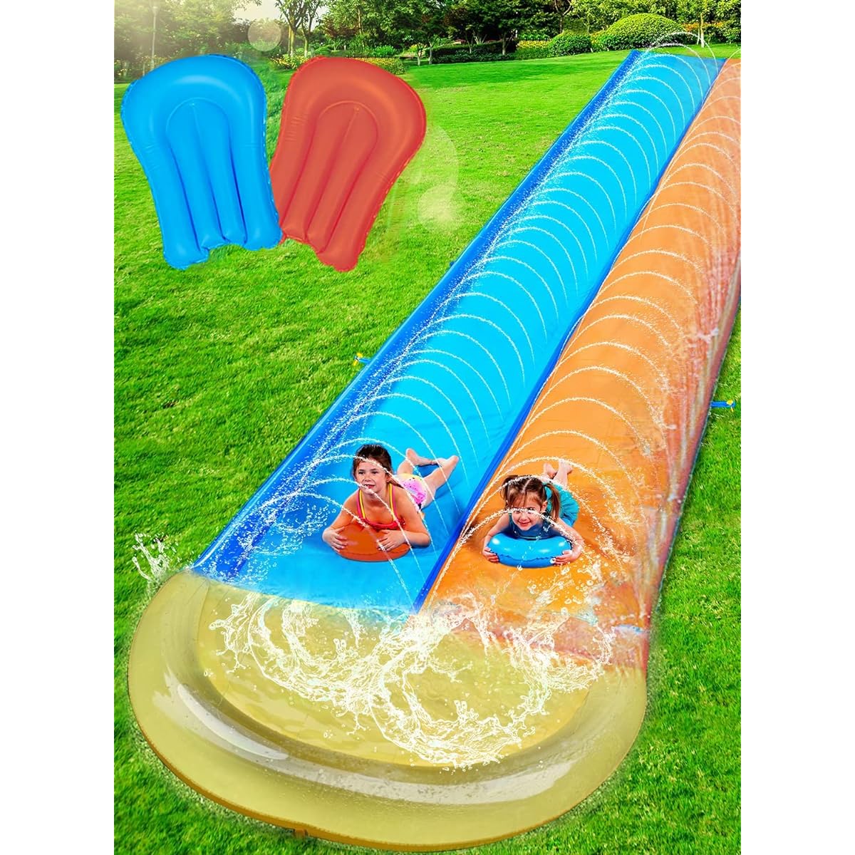 Dimple Slip & Slide Inflatable Water Slide with Sprinkler and 2 Body Boards - Best Summer Toy for Kids with Built-in Sprinkler for Backyard - 16' x 5'