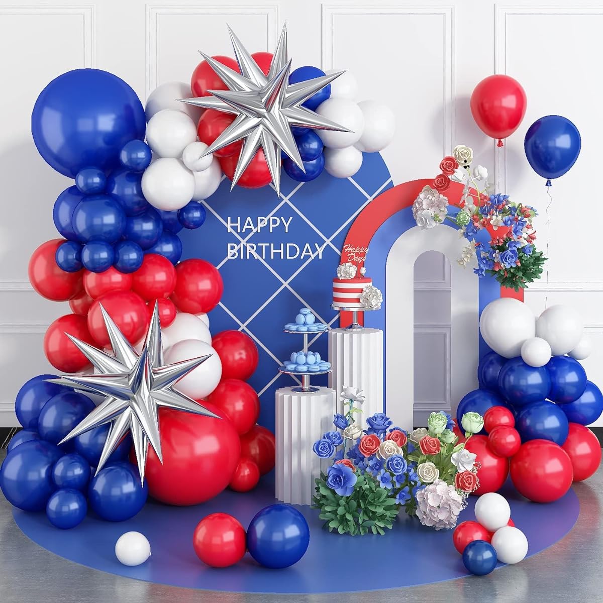 Red White Blue Balloon Arch Kit Latex Birthday Balloons 5 10 18 Inch Blue Red White Party Balloon Garland Kit with 2 Silver Exploding Stars for Baby Shower Decorations Wedding Graduation Party