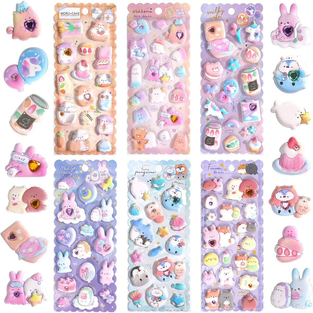 Thick Fluffy Stickers for Kids Girls Cute Kawaii Japanese Soft Stickers for Teens Large 3D Squishy Stickers Playset with Gemstone Decoration Reusable Puff Stickers Stationery Phone Case Christmas Gift 6 Sheets