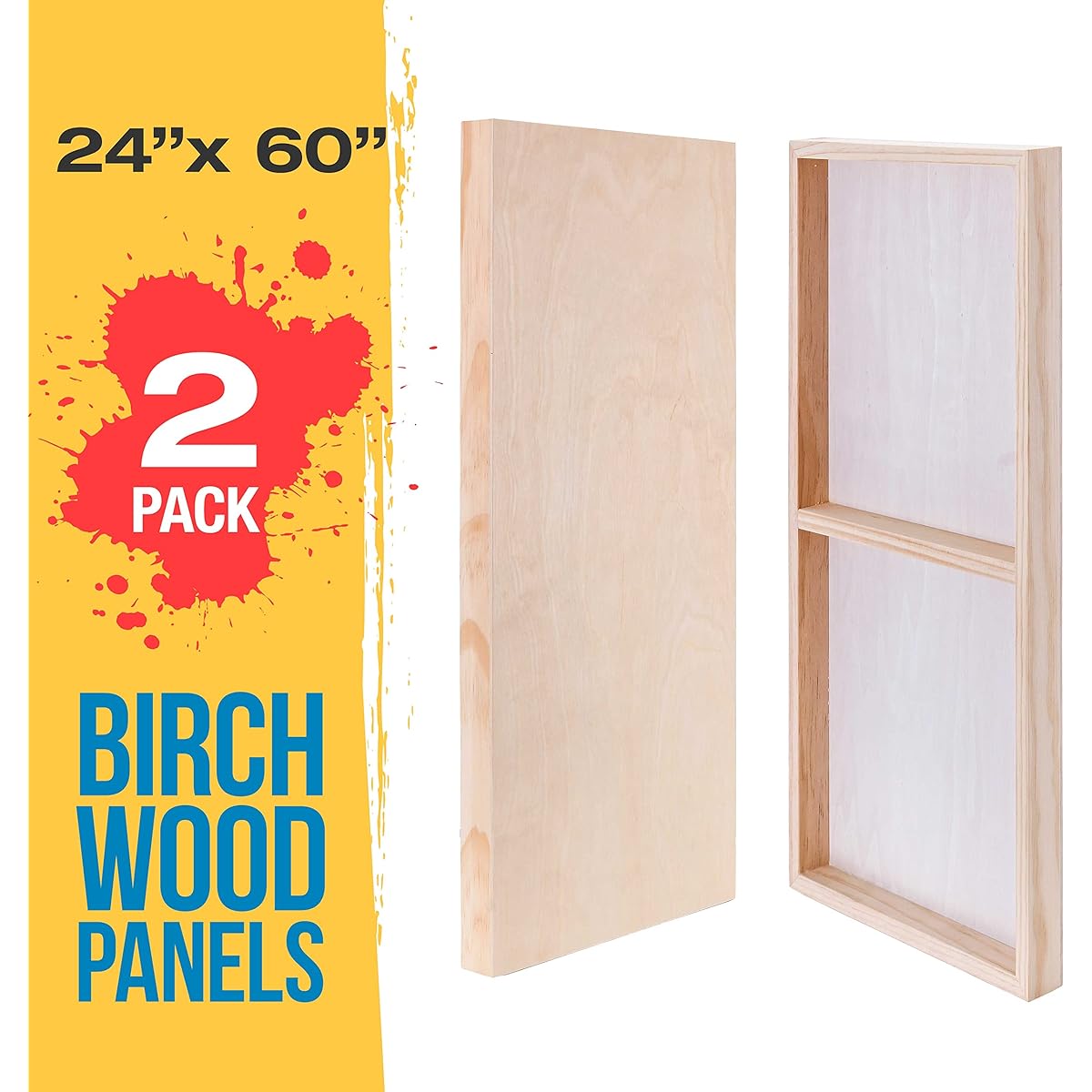 U.S. Art Supply 24" x 60" Birch Paint Pouring Panel Board, Gallery 1-1/2" Deep Cradle (2 Pack) - Artist Deep Wood Wall Canvas - Paint Mixed Media Craft, Acrylic, Oil, Attractive