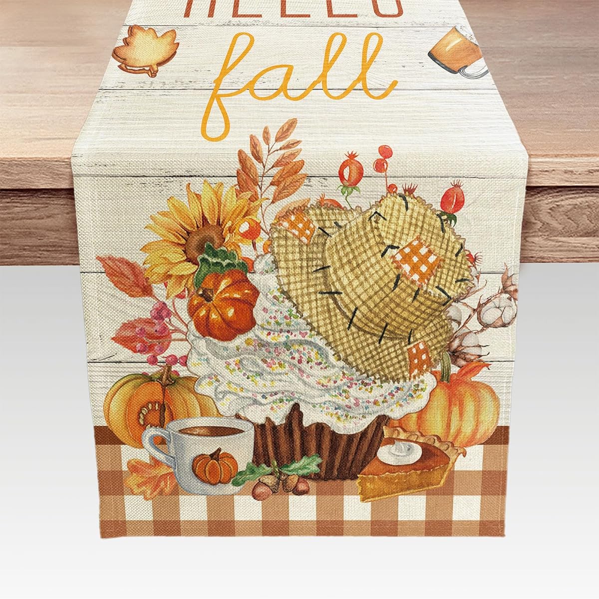 Autumn Thanksgiving Orange Checkered Linen Table Runner with Dessert Leaves Pumpkin Floral Table Runner for Kitchen Dining Decor Banquet Restaurant Outdoor Home Party Decor 13 x 72 Inch