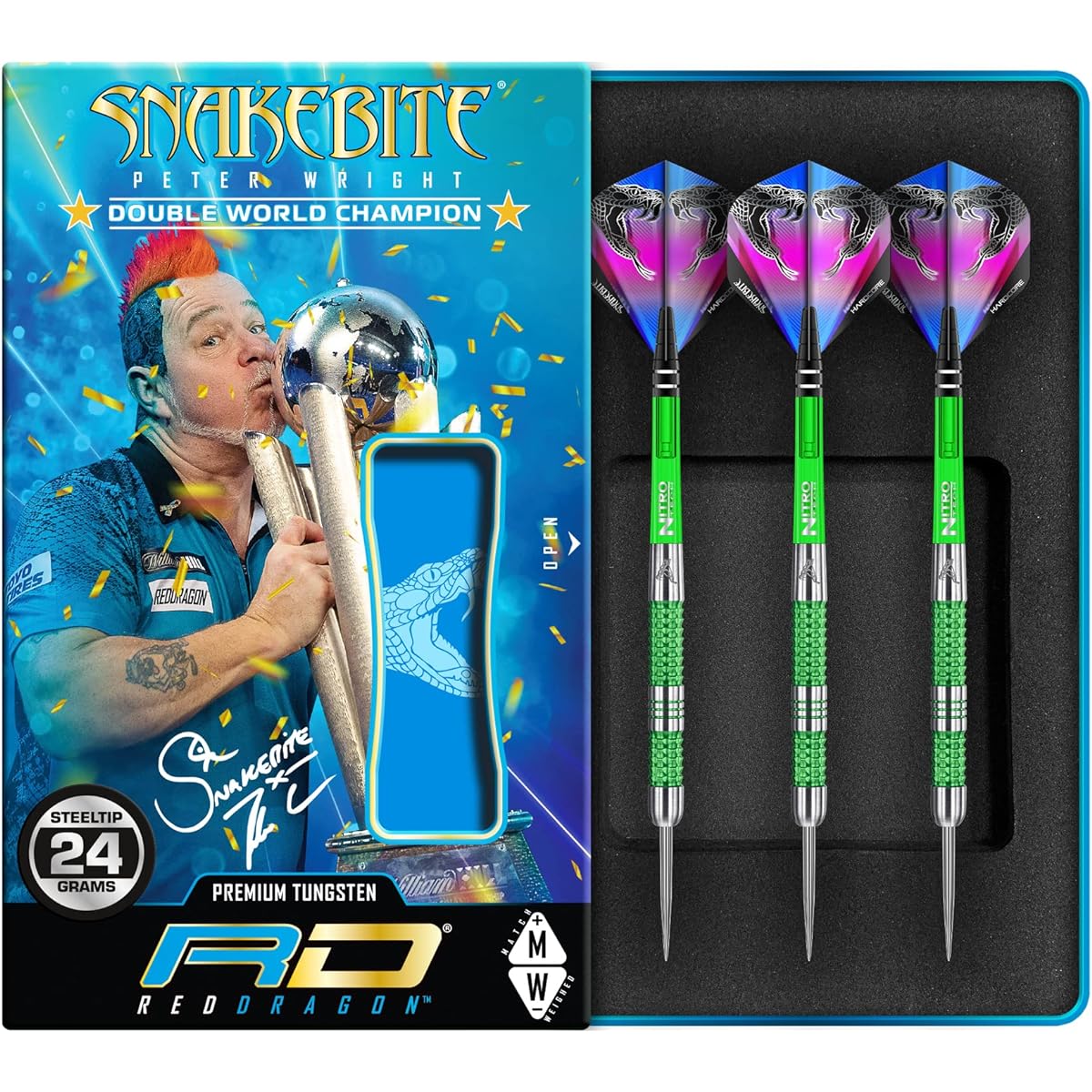 Peter Wright Snakebite Mamba - 24g - 90% Tungsten Steel Darts with Flights, Shafts & Red Dragon Checkout Card