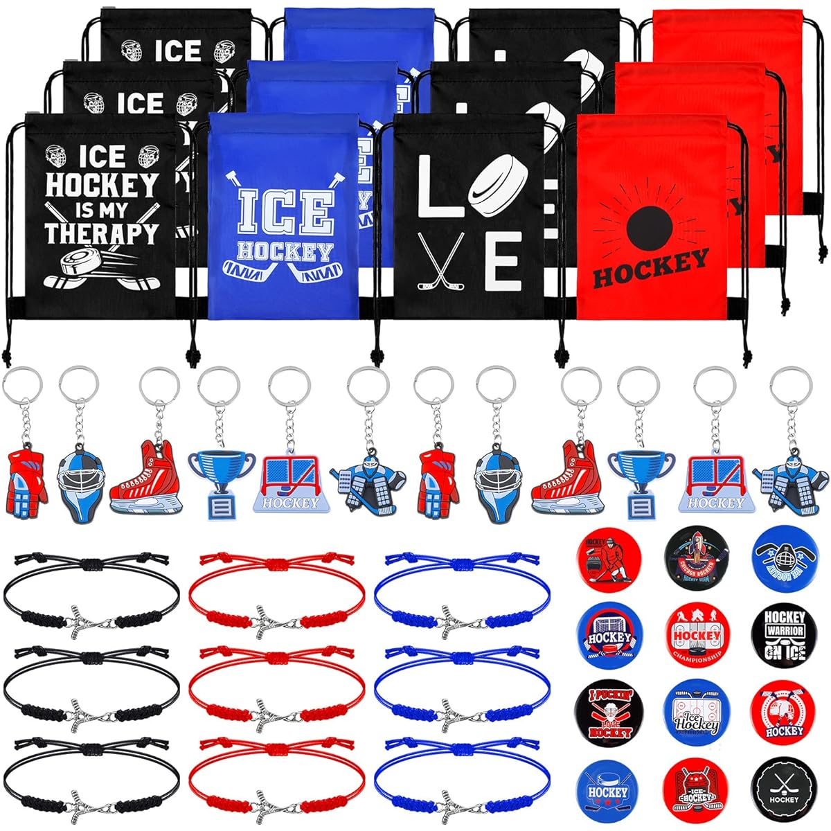 48pcs Hockey Party Favors, Hockey Holders, Hockey Drawstring Bags, Hockey Charms, Bracelets, Button Badges, Field Hockey Bags, Button Pins, Field Hockey Gifts, Hockey Jewelry for Sports Party Decorations