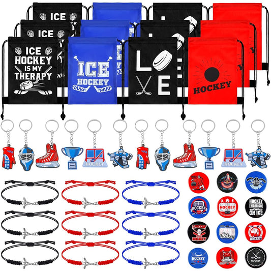 48pcs Hockey Party Favors, Hockey Holders, Hockey Drawstring Bags, Hockey Charms, Bracelets, Button Badges, Field Hockey Bags, Button Pins, Field Hockey Gifts, Hockey Jewelry for Sports Party Decorations