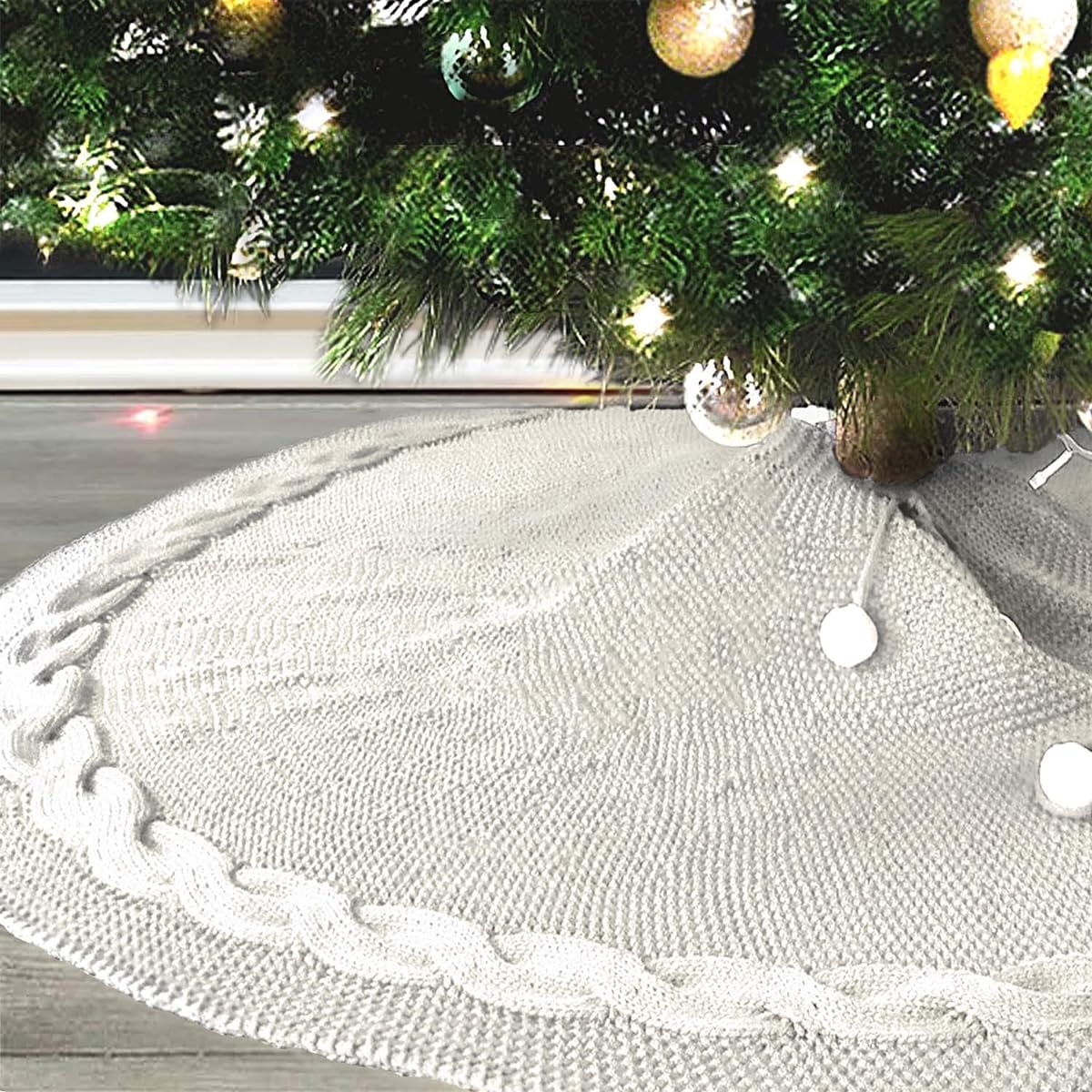KAZOLEN Christmas Tree Skirt, 50.2 inches (121.92 cm) Knitted Thick Heavy Yarn Tree Skirt, Rustic Tree Skirt for Christmas Holiday Decorations Indoor, Burgundy and Cream (White)