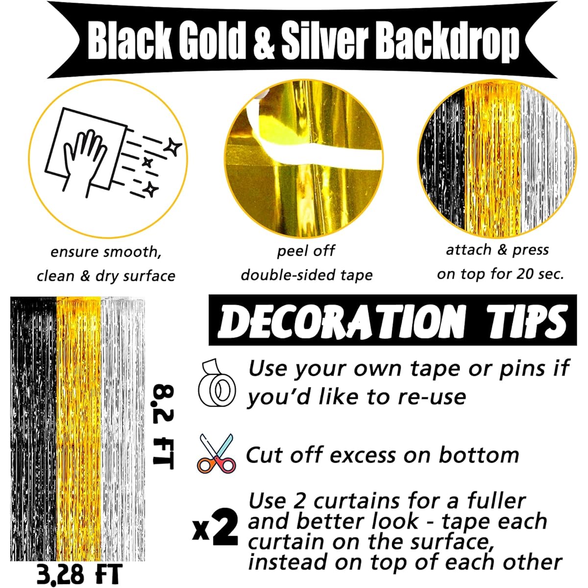 4 Pack 3.2ft x 8.2ft Black Silver Gold