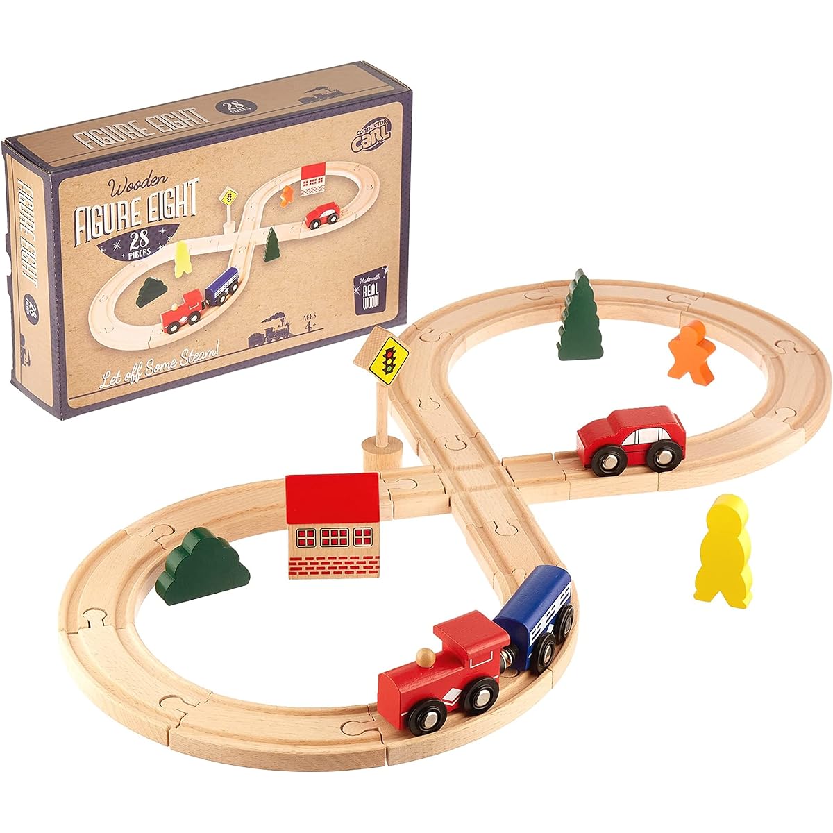 Figure 8 Railway Set - 28 Piece Wooden Train Track Set with Trains, City Pieces, People and Tracks - Compatible with Most Popular Wooden Toy Trains - Games, Toys, Hobbies, and Family Fun