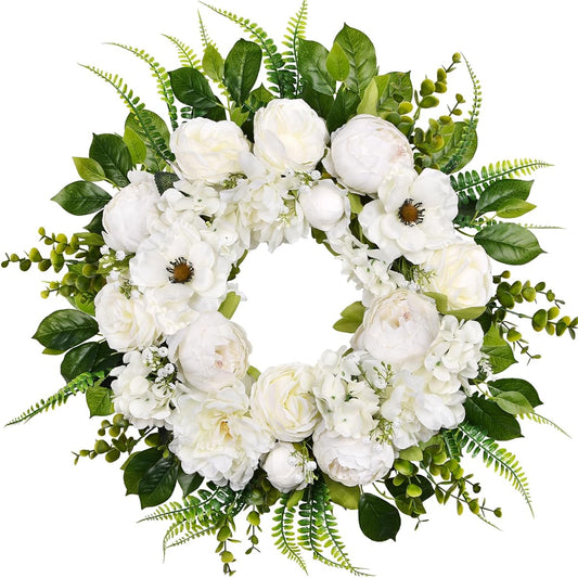 Spring Wreath 20 Inch Front Door Wreath Handmade White Peony Rose Summer Wreath for Outdoor Entrance Door Wall Window Decor