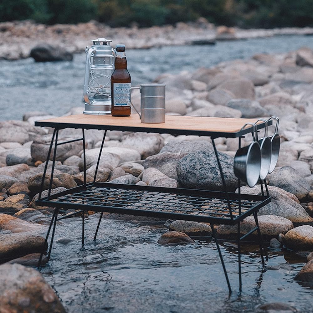 CAMPING MOON Field Ground Rack Rack Folding Rack Made of Black Plated Steel with Storage Bag Main Unit T-230 3 Pieces/Bamboo Top Plate Full Set T-230-3TP