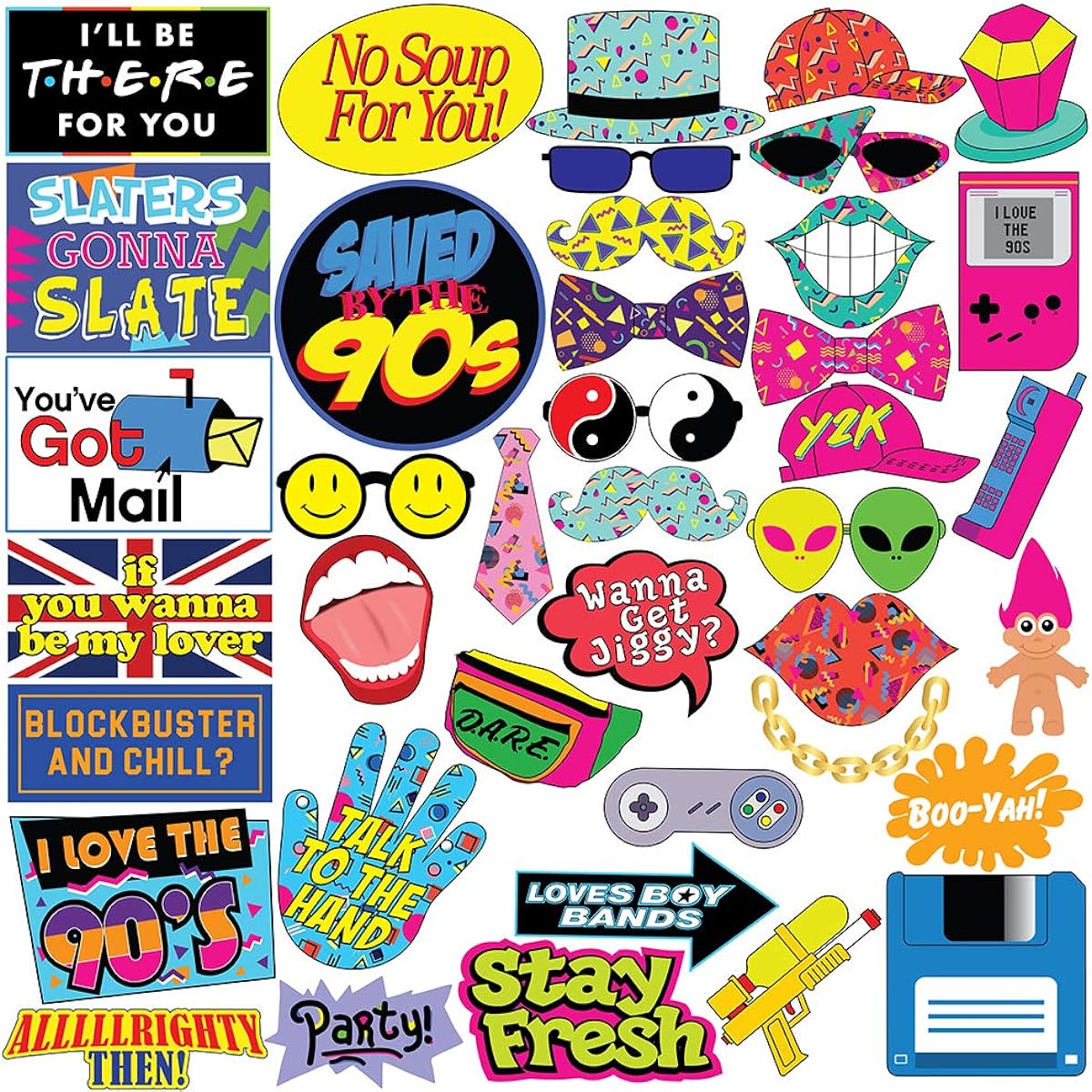 Throwback 90s Photo Props Set - Funny 1990s Theme Party Decorations Favors & Supplies