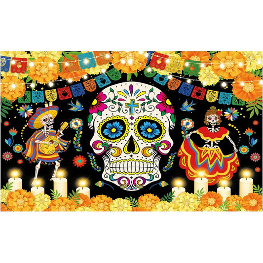Allenjoy Day of the Dead Backdrop Mexican Fiesta Sugar Skull Photography Background Dia DE Los Muertos Marigold Dress Up Birthday Party Supplies Banner Table Decoration Photo Booth Props